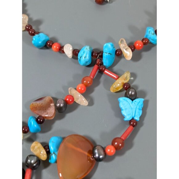 Artisan Faux Turquoise Stone Agte Quartz Long Tassel Flex Choker Necklace Boho W - Picture 7 of 10